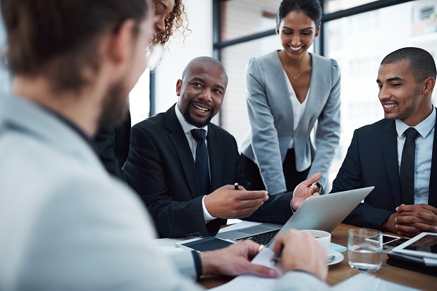 Business professionals collaborating in a modern office